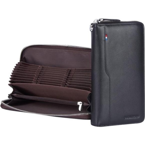 Mens Credit Card Wallet Long Wallet Genuine Leather Billfold Plain Black